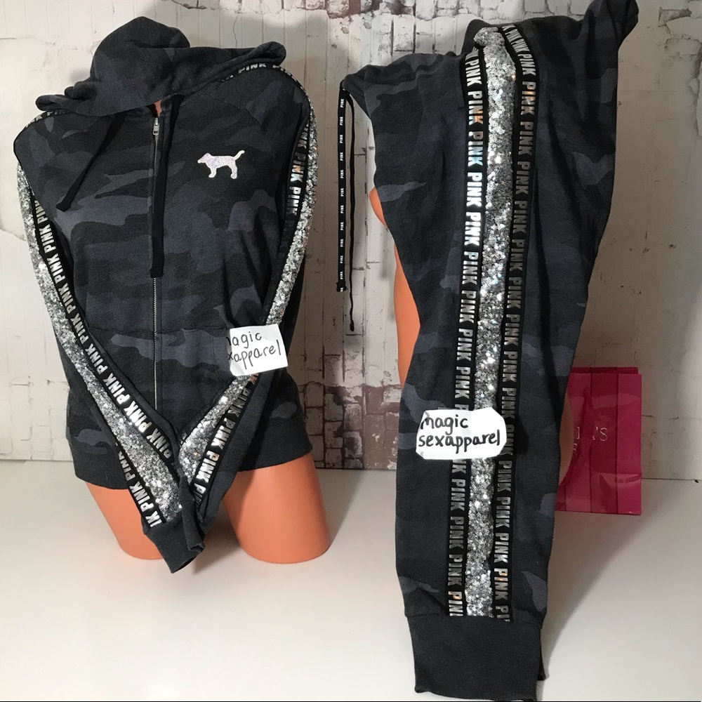VS PINK M L XL BLING HOODIE JOGGERS SET SEQUIN - Picture 2 of 2